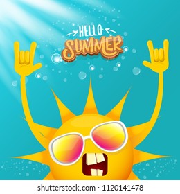 hello summer funky rock n roll vector label isolated on azure sky with lights. summer party background with funky sun character design template. vector summer party poster