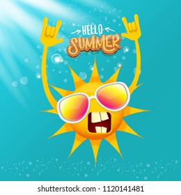 hello summer funky rock n roll vector label isolated on azure sky with lights. summer party background with funky sun character design template. vector summer party poster