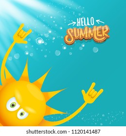 hello summer funky rock n roll vector label isolated on azure sky with lights. summer party background with funky sun character design template. vector summer party poster
