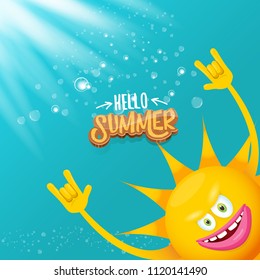 hello summer funky rock n roll vector label isolated on azure sky with lights. summer party background with funky sun character design template. vector summer party poster