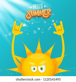 hello summer funky rock n roll vector label isolated on azure sky with lights. summer party background with funky sun character design template. vector summer party poster