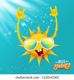 hello summer funky rock n roll vector label isolated on azure sky with lights. summer party background with funky sun character design template. vector summer party poster