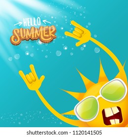 hello summer funky rock n roll vector label isolated on azure sky with lights. summer party background with funky sun character design template. vector summer party poster