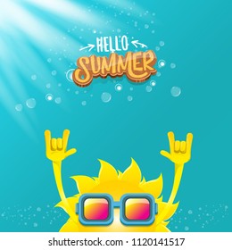 hello summer funky rock n roll vector label isolated on azure sky with lights. summer party background with funky sun character design template. vector summer party poster