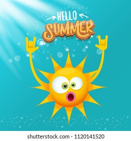 hello summer funky rock n roll vector label isolated on azure sky with lights. summer party background with funky sun character design template. vector summer party poster