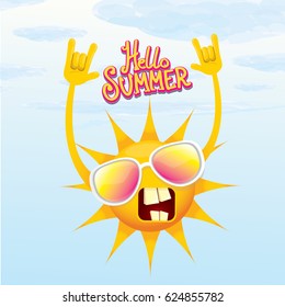 hello summer funky rock n roll vector poster. summer party background with funky sun character design template. vector summer label