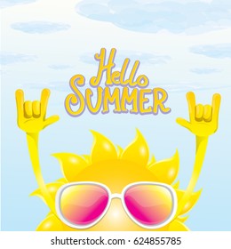 hello summer funky rock n roll vector poster. summer party background with funky sun character design template. vector summer label