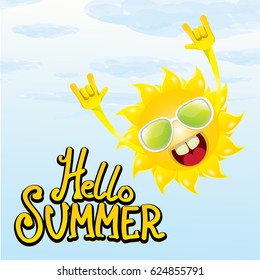 hello summer funky rock n roll vector poster. summer party background with funky sun character design template. vector summer label