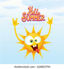 hello summer funky rock n roll vector poster. summer party background with funky sun character design template. vector summer label