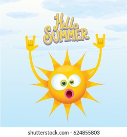 hello summer funky rock n roll vector poster. summer party background with funky sun character design template. vector summer label