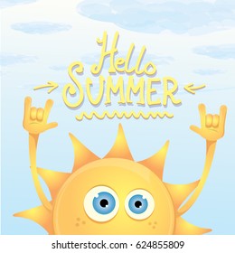hello summer funky rock n roll vector poster. summer party background with funky sun character design template. vector summer label