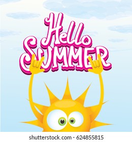 hello summer funky rock n roll vector poster. summer party background with funky sun character design template. vector summer label