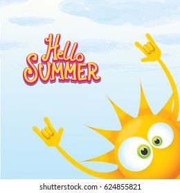 hello summer funky rock n roll vector poster. summer party background with funky sun character design template. vector summer label