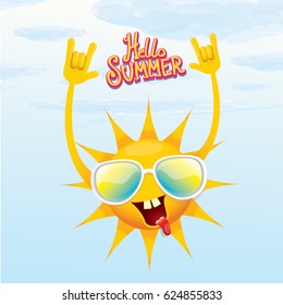 hello summer funky rock n roll vector poster. summer party background with funky sun character design template. vector summer label