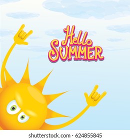 hello summer funky rock n roll vector poster. summer party background with funky sun character design template. vector summer label