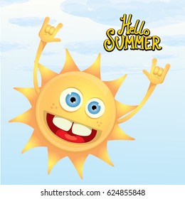 hello summer funky rock n roll vector poster. summer party background with funky sun character design template. vector summer label