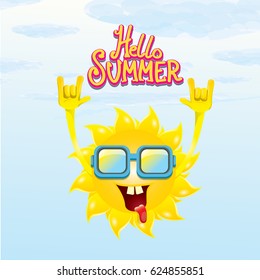 hello summer funky rock n roll vector poster. summer party background with funky sun character design template. vector summer label