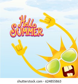 hello summer funky rock n roll vector poster. summer party background with funky sun character design template. vector summer label