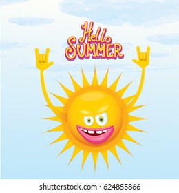 hello summer funky rock n roll vector poster. summer party background with funky sun character design template. vector summer label