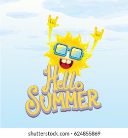 hello summer funky rock n roll vector poster. summer party background with funky sun character design template. vector summer label