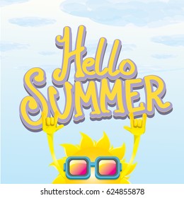 hello summer funky rock n roll vector poster. summer party background with funky sun character design template. vector summer label
