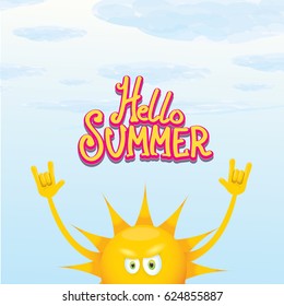 hello summer funky rock n roll vector poster. summer party background with funky sun character design template. vector summer label