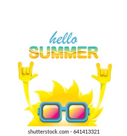 hello summer funky rock n roll vector label isolated on white. summer party background with funky sun character design template. vector summer poster