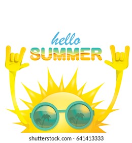 hello summer funky rock n roll vector label isolated on white. summer party background with funky sun character design template. vector summer poster