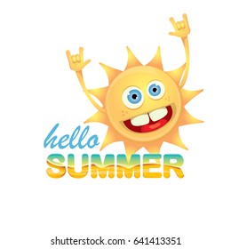 hello summer funky rock n roll vector label isolated on white. summer party background with funky sun character design template. vector summer poster