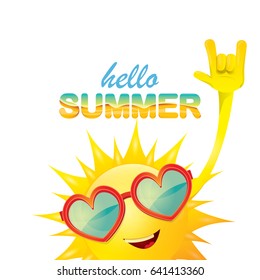 hello summer funky rock n roll vector label isolated on white. summer party background with funky sun character design template. vector summer poster