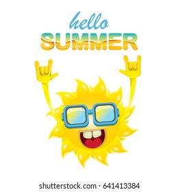 hello summer funky rock n roll vector label isolated on white. summer party background with funky sun character design template. vector summer poster