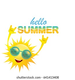 hello summer funky rock n roll vector label isolated on white. summer party background with funky sun character design template. vector summer poster