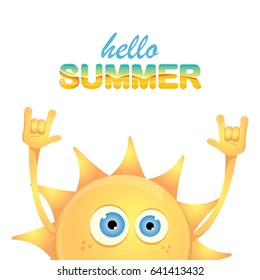 hello summer funky rock n roll vector label isolated on white. summer party background with funky sun character design template. vector summer poster