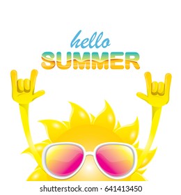 hello summer funky rock n roll vector label isolated on white. summer party background with funky sun character design template. vector summer poster