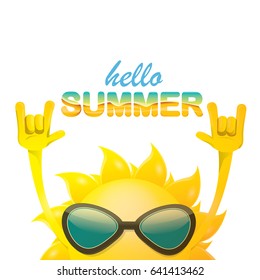 hello summer funky rock n roll vector label isolated on white. summer party background with funky sun character design template. vector summer poster