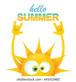 hello summer funky rock n roll vector label isolated on white. summer party background with funky sun character design template. vector summer poster
