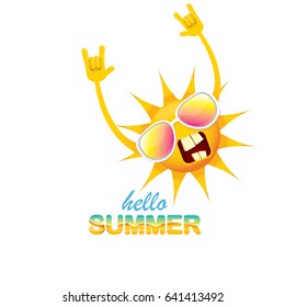 hello summer funky rock n roll vector label isolated on white. summer party background with funky sun character design template. vector summer poster