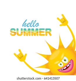 hello summer funky rock n roll vector label isolated on white. summer party background with funky sun character design template. vector summer poster
