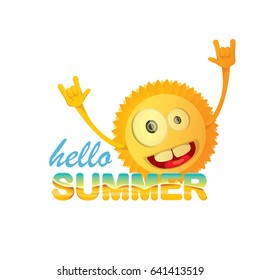 hello summer funky rock n roll vector label isolated on white. summer party background with funky sun character design template. vector summer poster