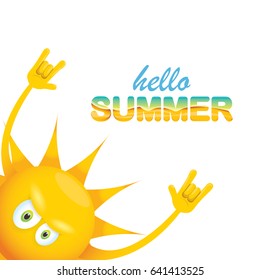 hello summer funky rock n roll vector label isolated on white. summer party background with funky sun character design template. vector summer poster