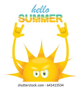 hello summer funky rock n roll vector label isolated on white. summer party background with funky sun character design template. vector summer poster