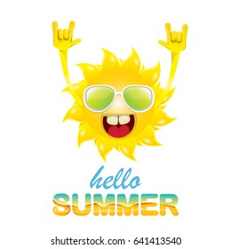 hello summer funky rock n roll vector label isolated on white. summer party background with funky sun character design template. vector summer poster