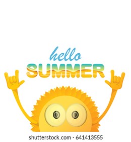 hello summer funky rock n roll vector label isolated on white. summer party background with funky sun character design template. vector summer poster