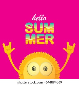 hello summer funky rock n roll vector label isolated on pink background. summer party background with funky sun character design template. vector summer poster