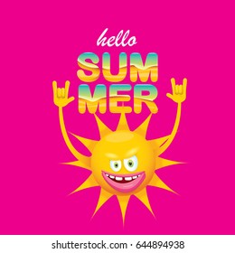 hello summer funky rock n roll vector label isolated on pink background. summer party background with funky sun character design template. vector summer poster