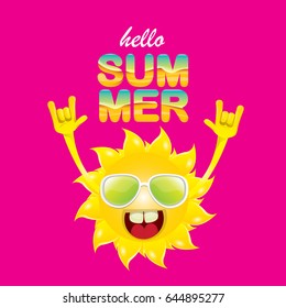 hello summer funky rock n roll vector label isolated on pink background. summer party background with funky sun character design template. vector summer poster