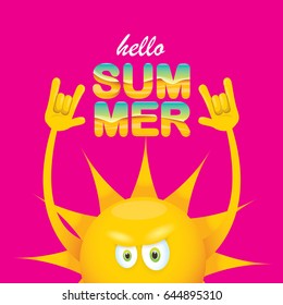 hello summer funky rock n roll vector label isolated on pink background. summer party background with funky sun character design template. vector summer poster