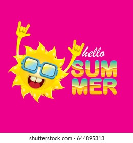 hello summer funky rock n roll vector label isolated on pink background. summer party background with funky sun character design template. vector summer poster
