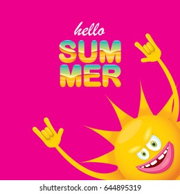 hello summer funky rock n roll vector label isolated on pink background. summer party background with funky sun character design template. vector summer poster