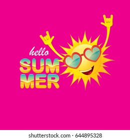 hello summer funky rock n roll vector label isolated on pink background. summer party background with funky sun character design template. vector summer poster